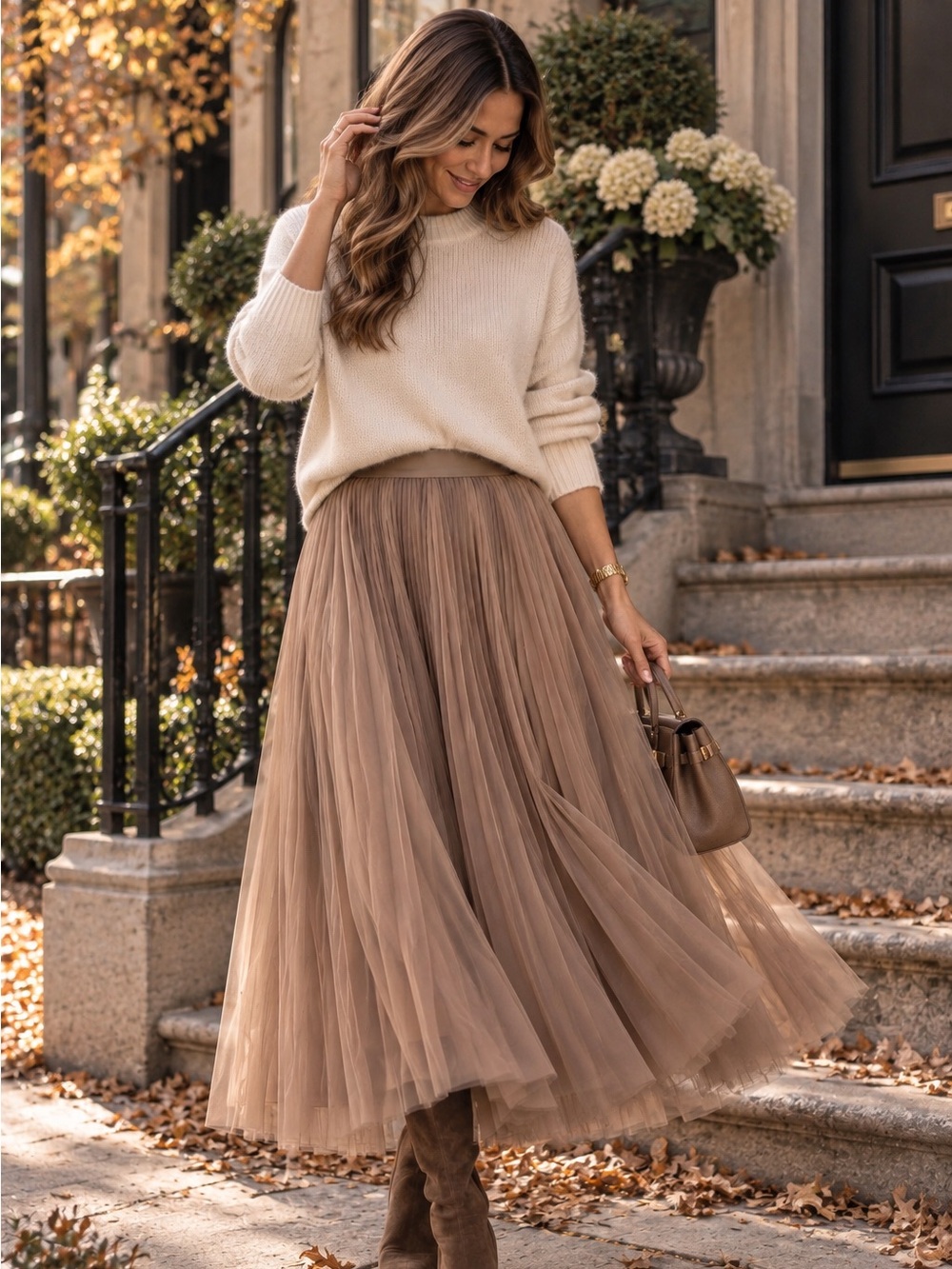 Preppy Layered Tulle Midi Skirt Romantic A-Line feminine neutral tan brown